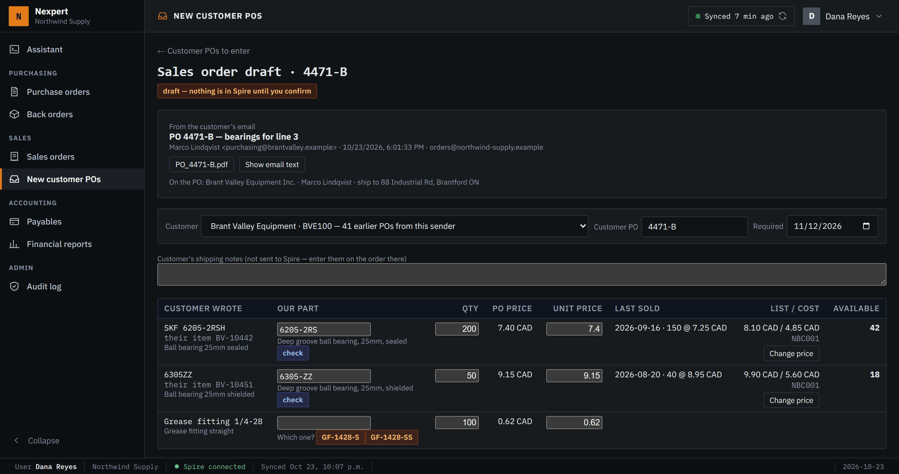 Nexpert screen: Sales order draft · 4471-B, on made-up data