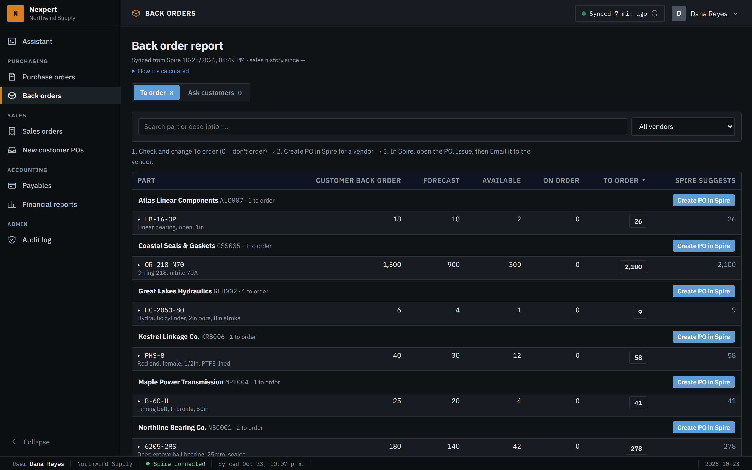 Nexpert screen: Back order report, on made-up data