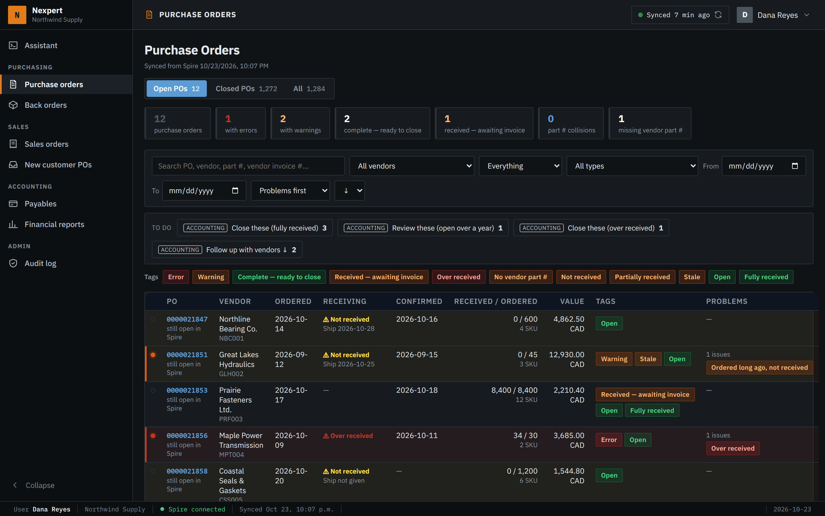 Nexpert screen: Purchase orders, on made-up data